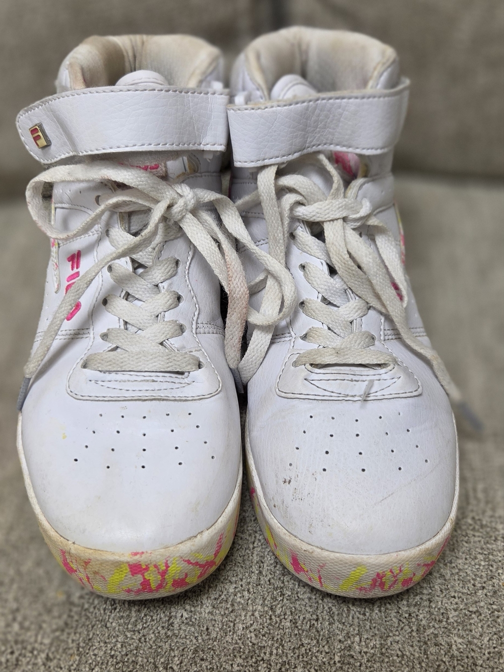 Fila White Kids High-Top Sneakers with Pink and Yellow Accents